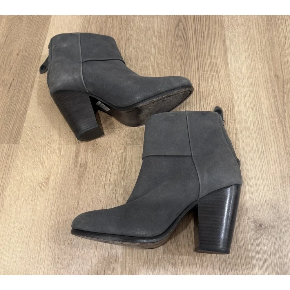 Rag & Bone Gray Suede Ankle Boot 38 w/ Back Zip Entry & Stacked Heel Newbury